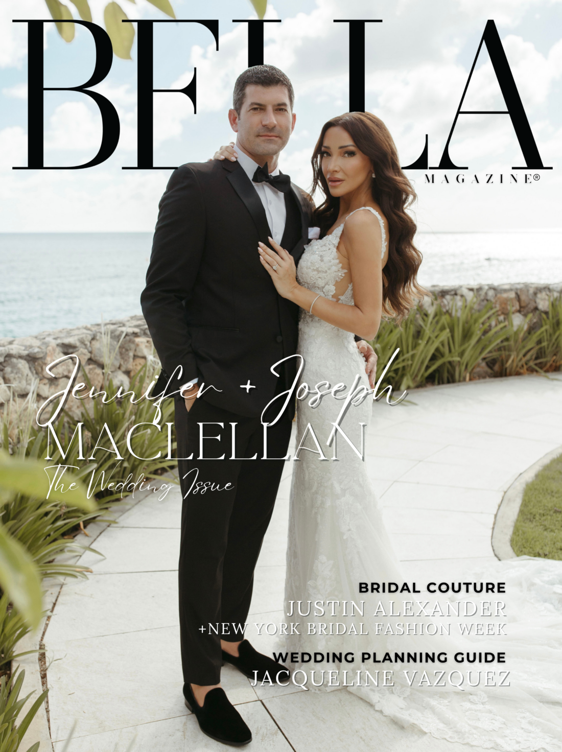 Magazine cover of bride and groom at their beach wedding.