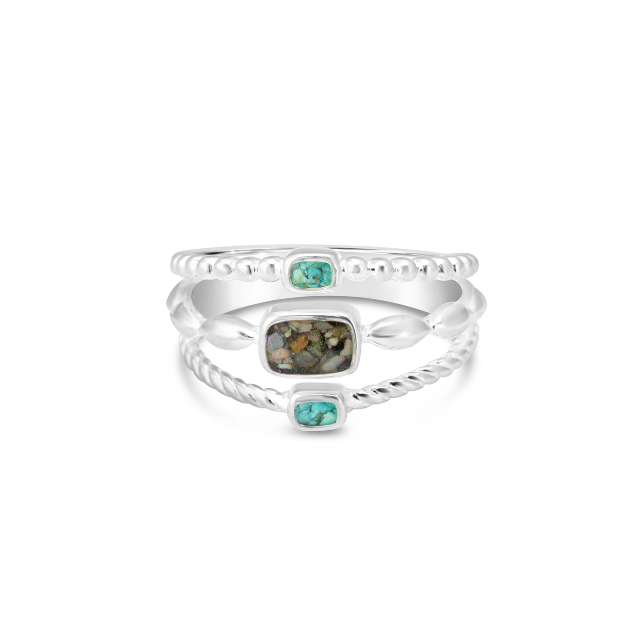 Product shot of Dune Jewelry's sterling silver boho stack ring featuring three different sand or earth elements. Perfect Valentine's gift.