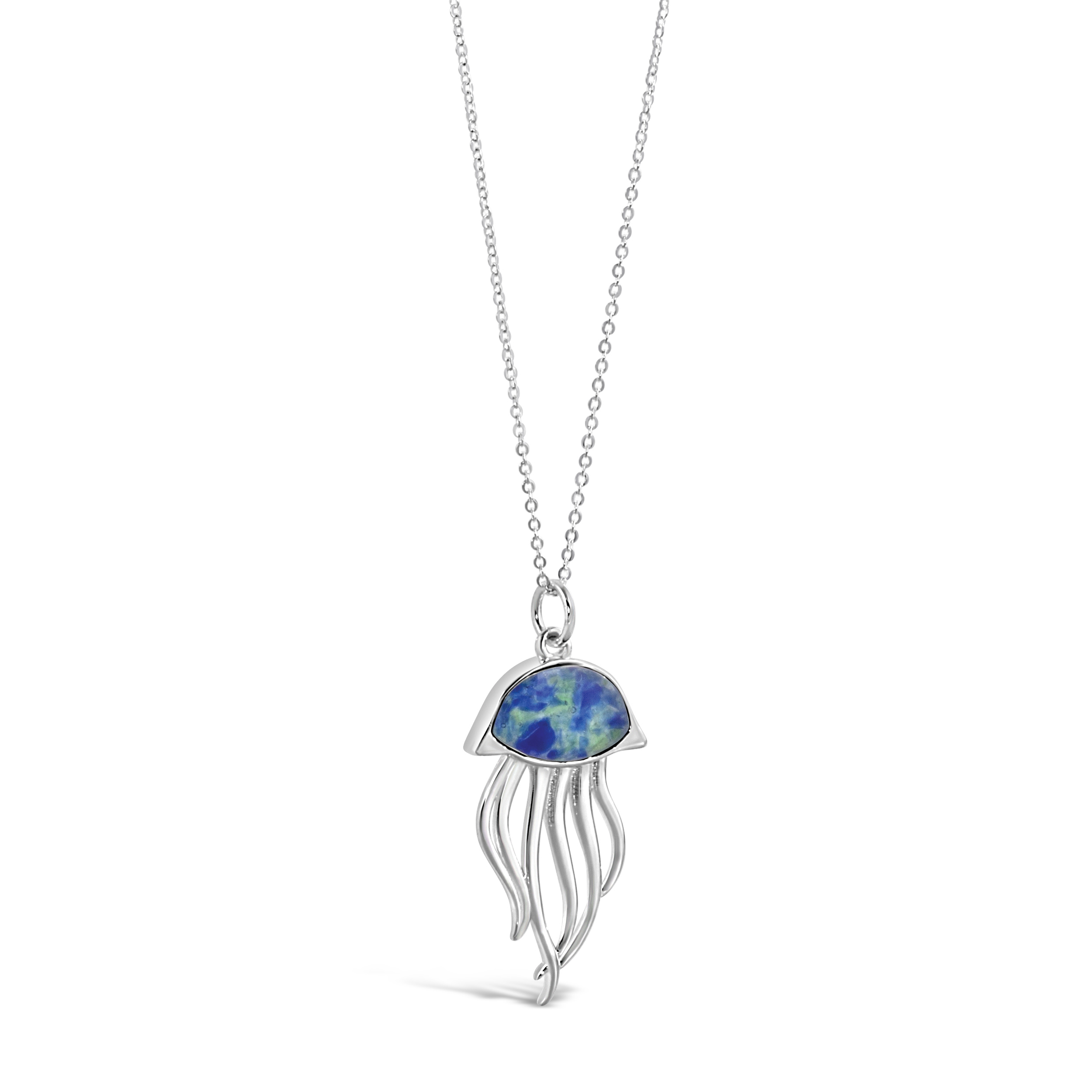 Sterling silver chain necklace with blue and green sea glass and silver jellyfish pendant.