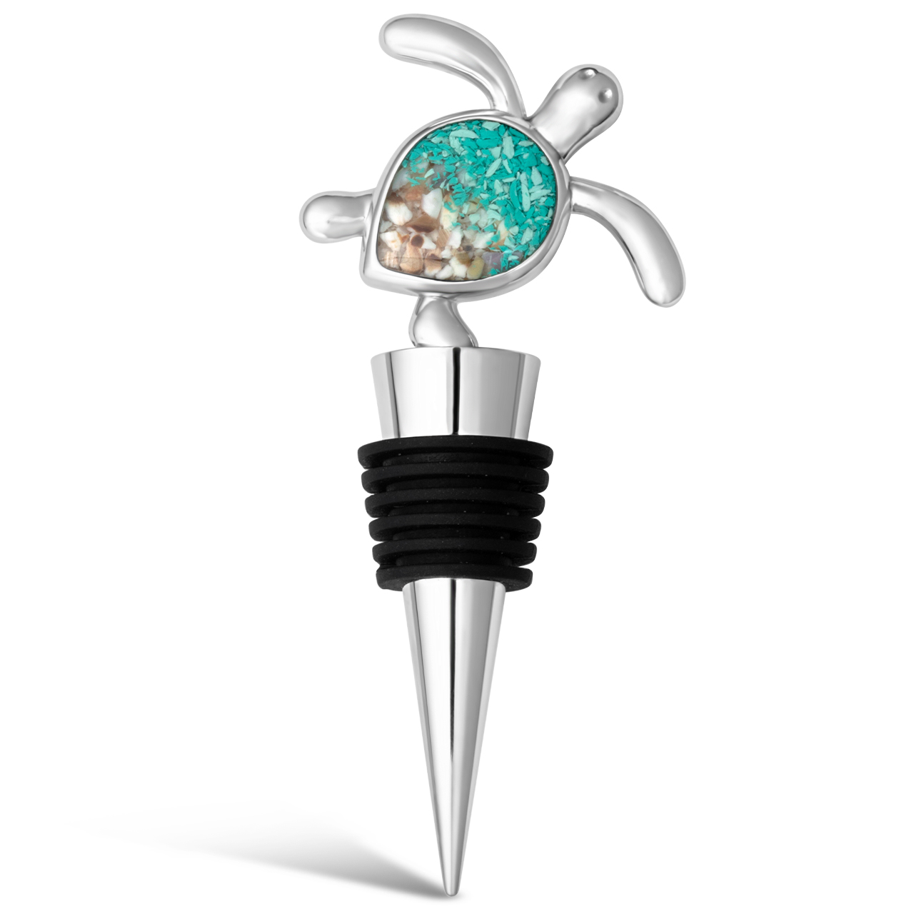 Stainless steel wine stopper with black detailing and turtle ornament filled with shells and seafoam green recycled ocean plastic.