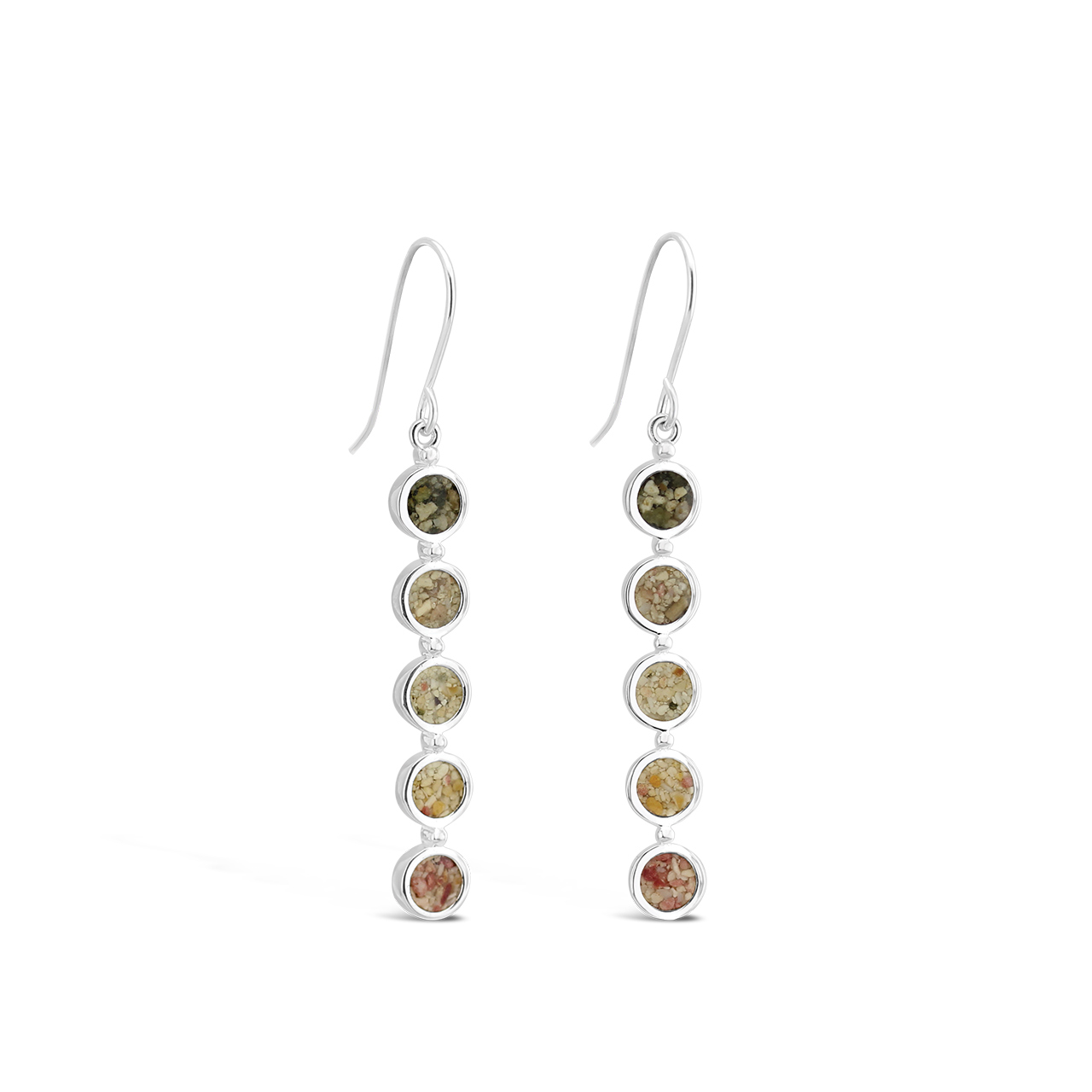 Sterling silver long drop earrings with wire hooks and 5 bezels with natural elements, inspired by summertime. The perfect Valentine's gift.