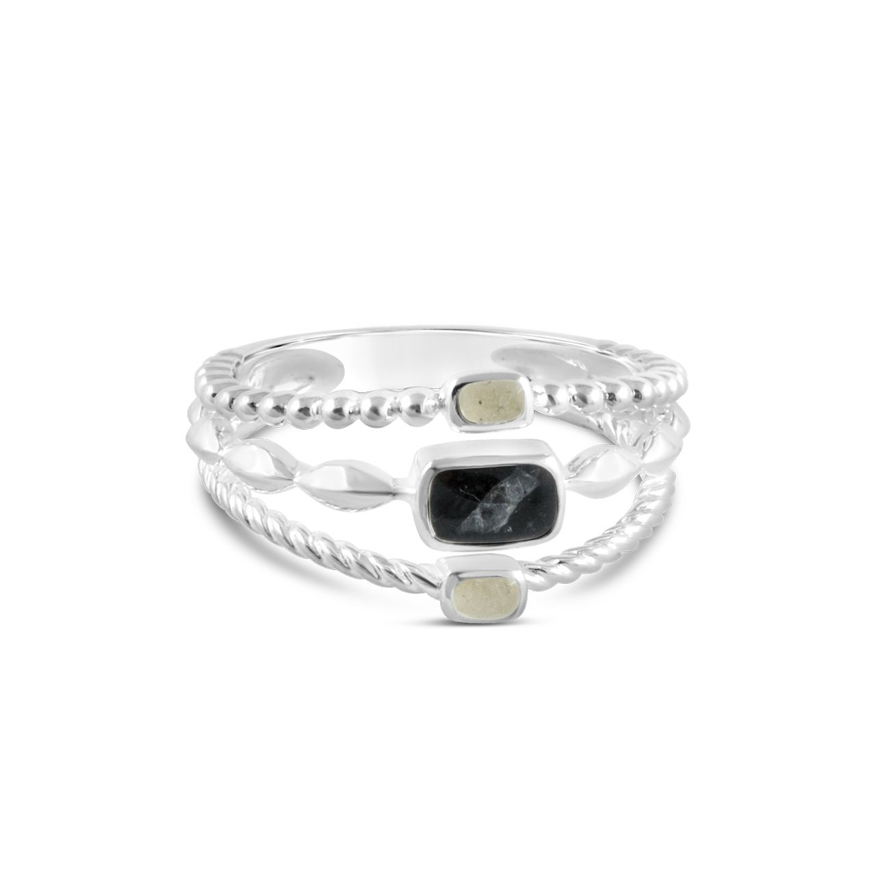 Product shot of the Boho Stack Ring with Florida Black beach sand by Dune Jewelry x 4ocean.