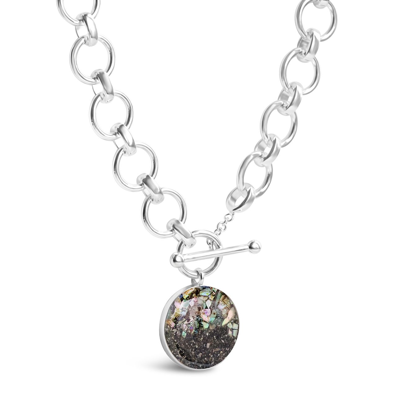 Product shot of Dune Jewelry's sterlings ilver large chain The Mediterranean Necklace with Abalone Shell Gradient.