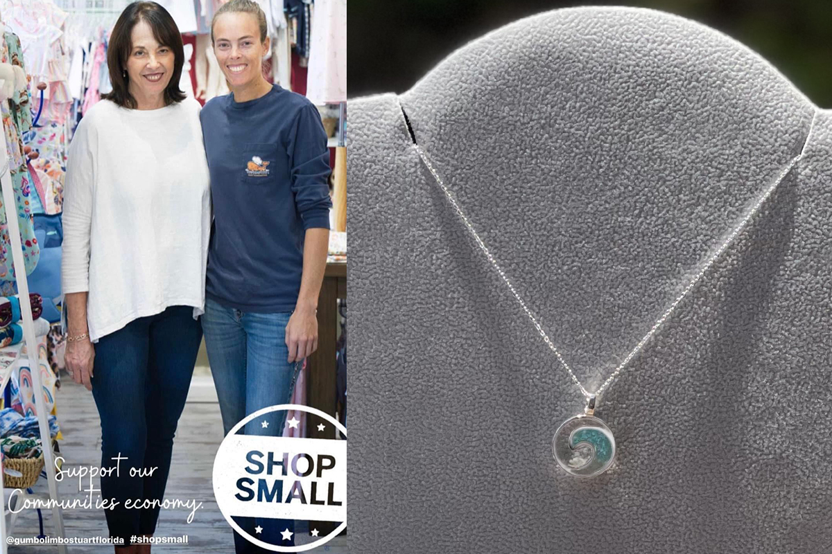 Left side: Patty O’Connell and her daughter Kaitlin, owners of Gumbo Limbo Coastal Chic in Stuart, Florida, USA. Dune Jewelry retailers. Right side: product shot of the Wave Necklace.