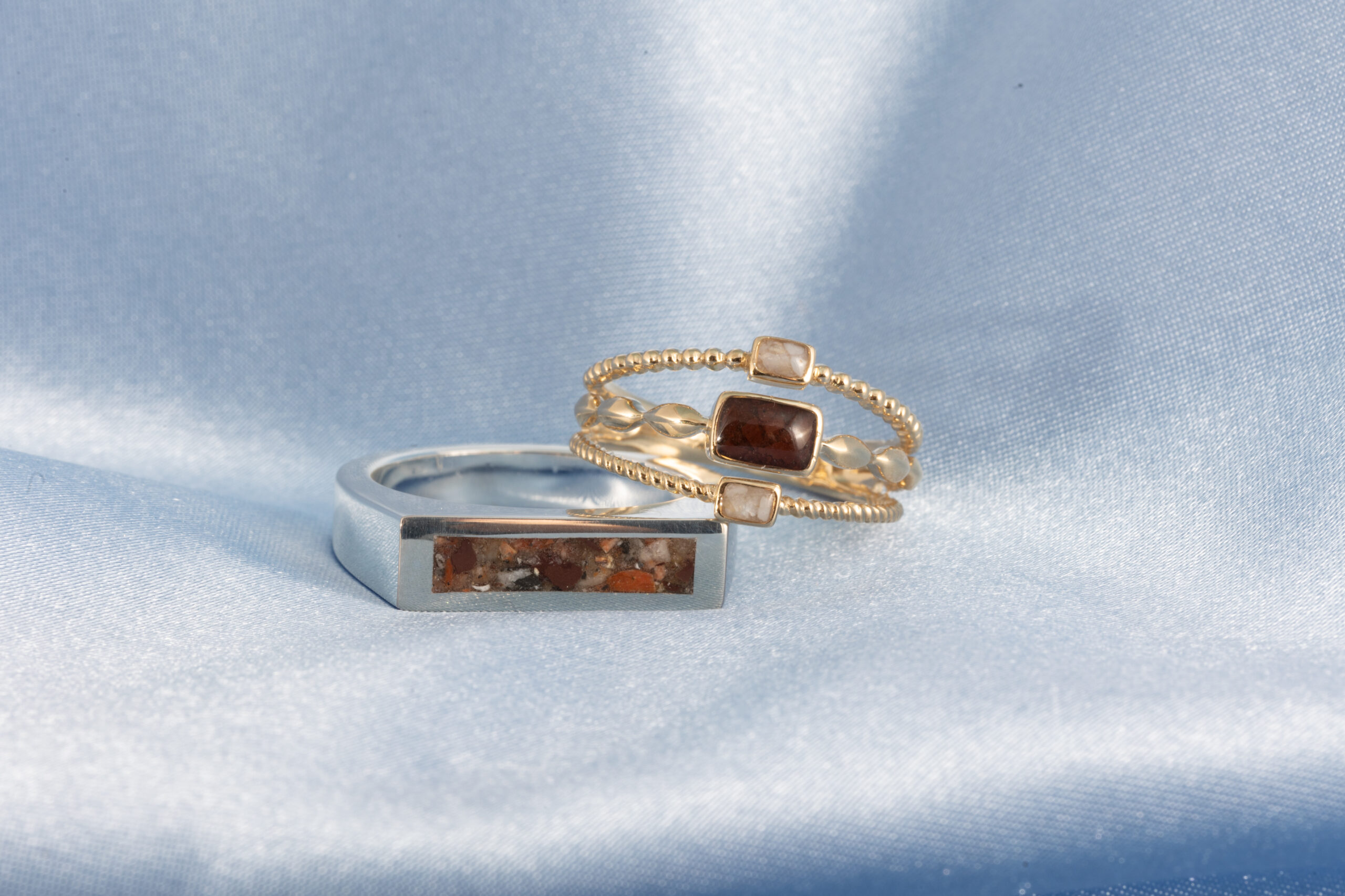 Boho Stack Ring in 14k Gold and the Luxe Men’s Band Ring from Dune Jewelry
