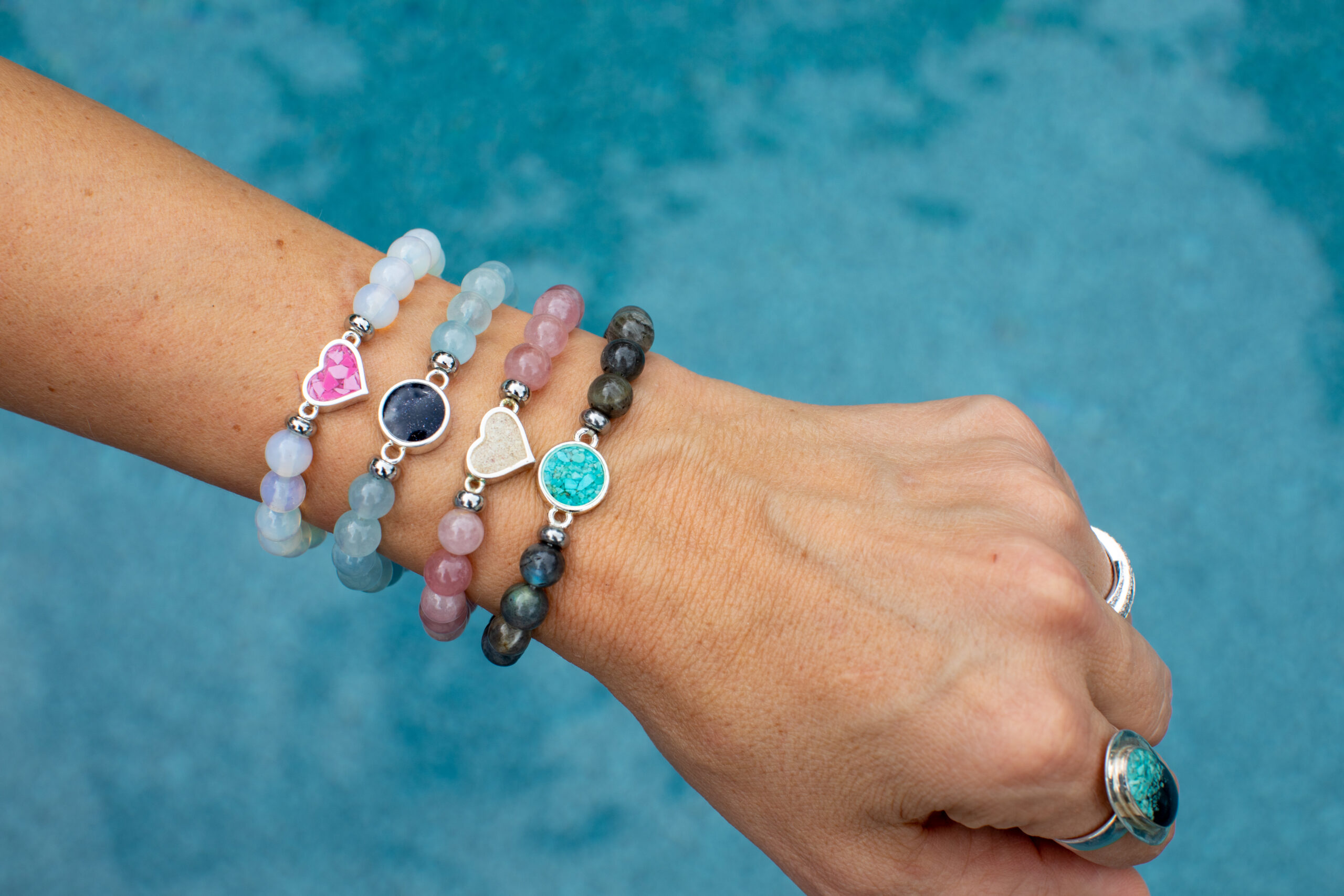Dune Jewelry's beaded bracelets stacked.