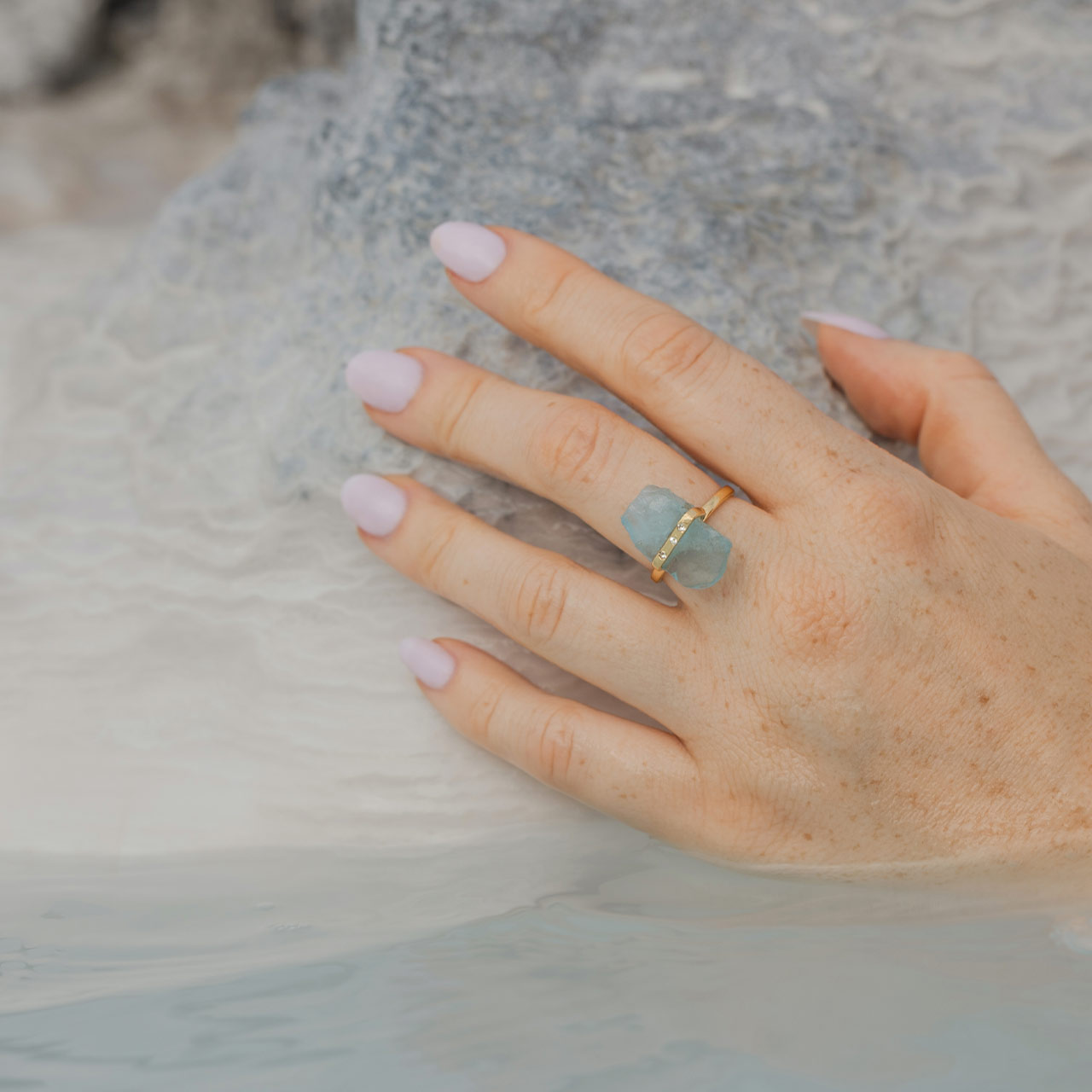 Blue Ice Aquamarine Ring by Dune Jewelry and Sports Illustrated model Camille Kostek.