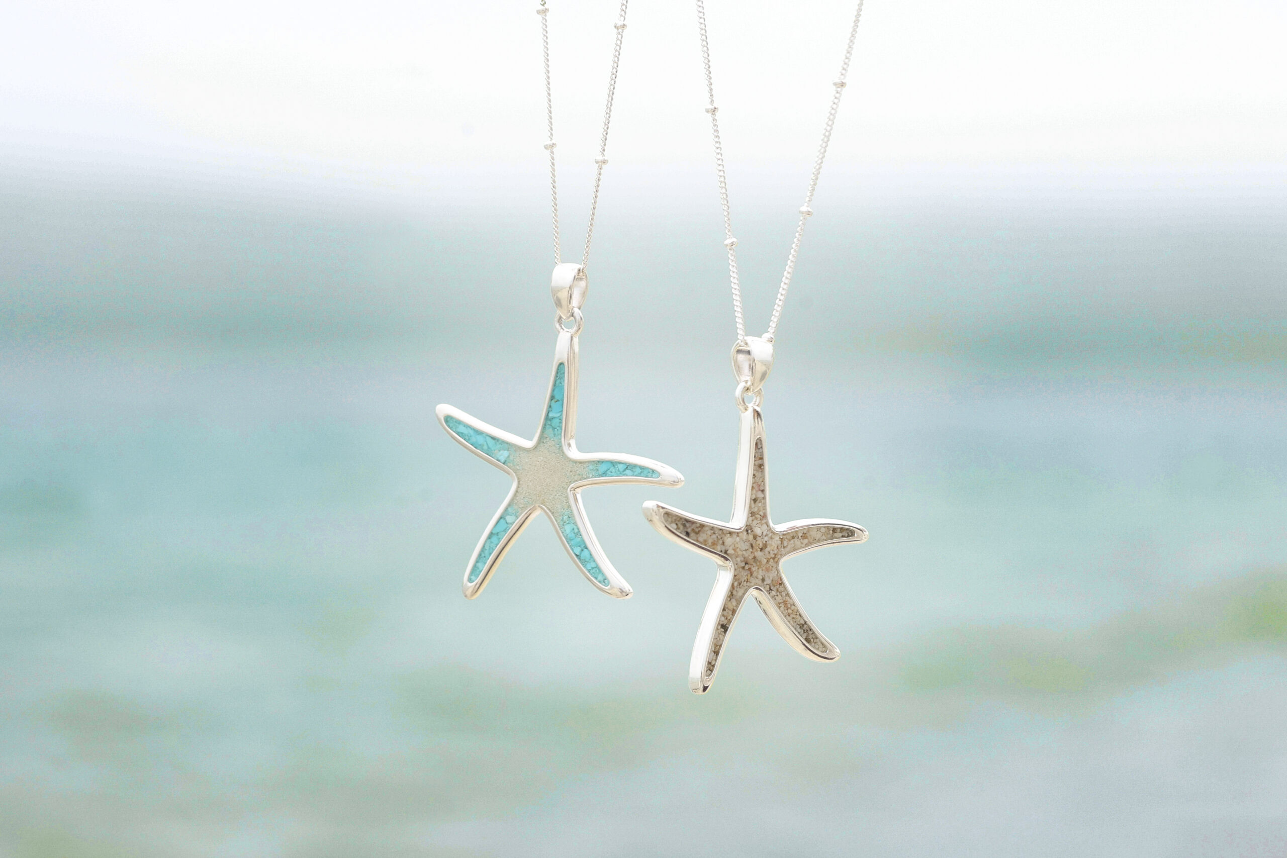 Gorgeous starfish necklace can be sold on an Adjustable Beaded Cable Chain or Omega Chain, symbolic starfish jewelry for the summer featuring genuine turquoise and beach sand or earth elements.