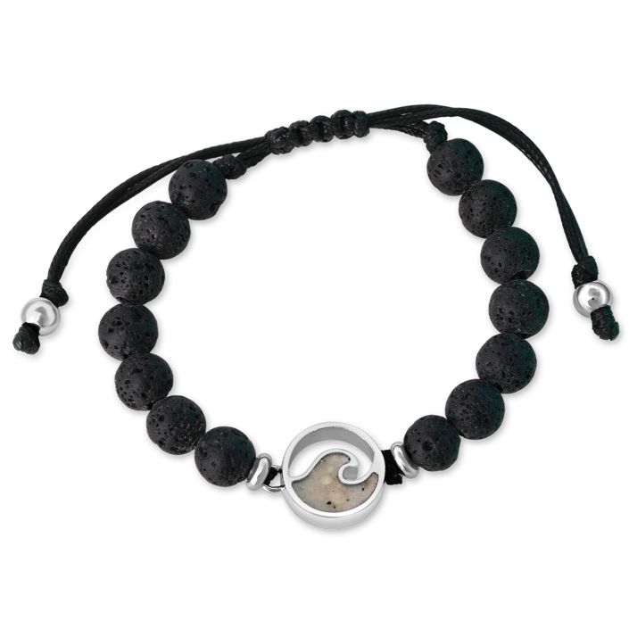 Men's bracelets and men's beaded bracelets and necklaces shot featuring lava bead bracelets, wood bead bracelets, a sterling silver travel tag necklace. The custom men's compass necklace north star necklace is also available for purchase.