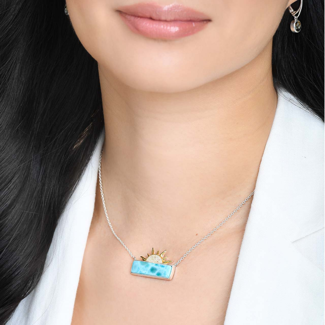 Sun Splash Bar Two Tone Stationary Necklace - Larimar and Sand
