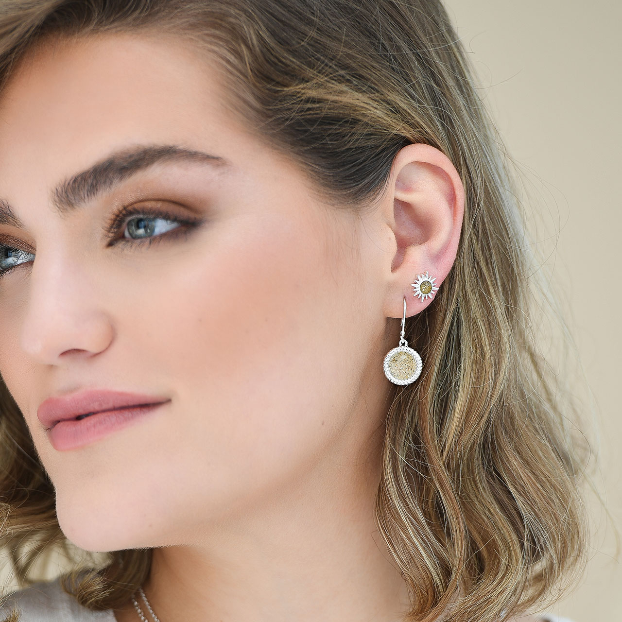 Sun studs earrings, celestial earrings studs womens and custom jewelry gifts made with beach sand, gemstones, or elements.