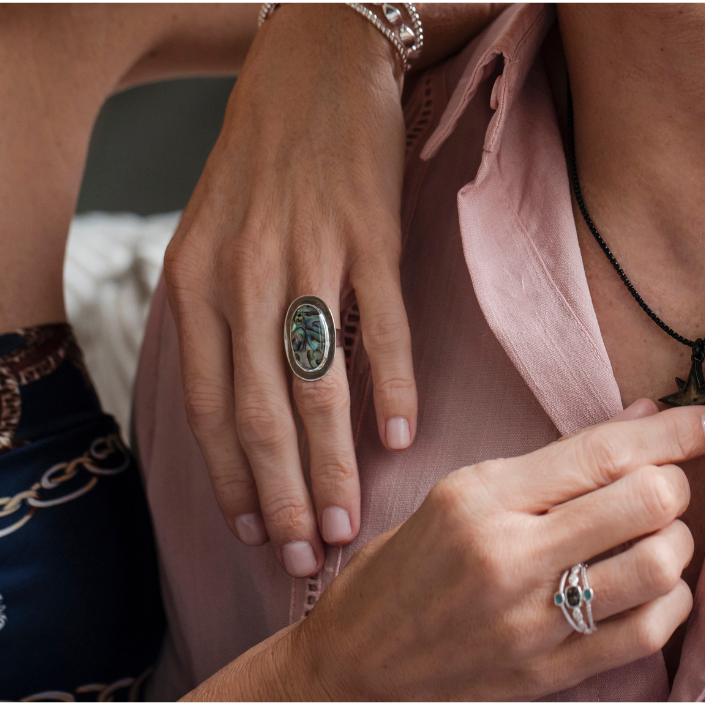 Bold statement ring abalone jewelry featuring abalone shell fragment in a gradient design with your custom beach sand, shell, or element.