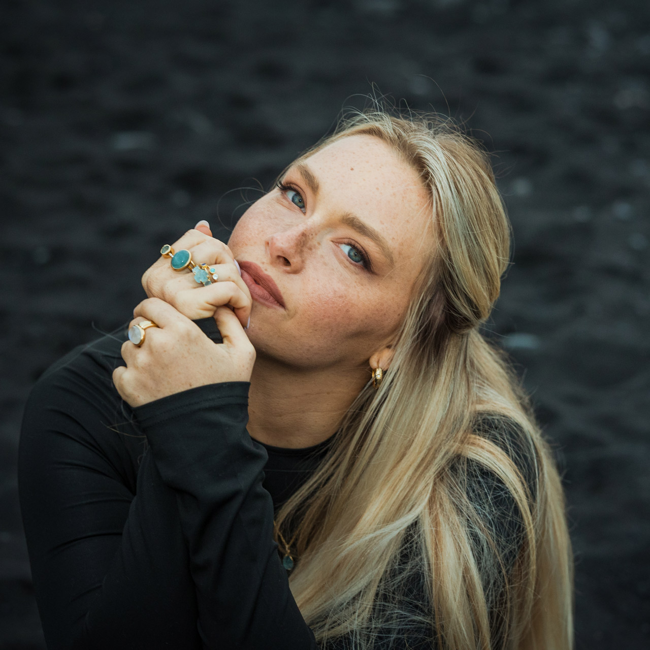 Camille Kostek gold jewelry, ice blue aquamarine cabochon ring.