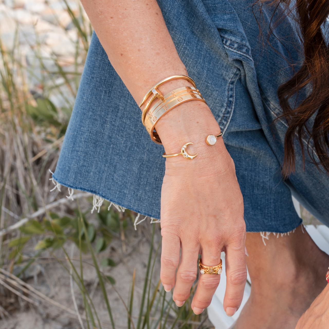 Sterling silver crescent moon cuff bracelet with aquamarine gemstones, your own sand or elements.