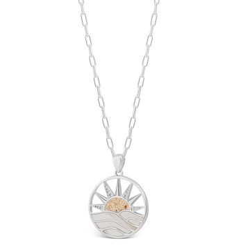 Sun necklace with Mother of Pearl and White Topaz in a seaside sunrise design. 