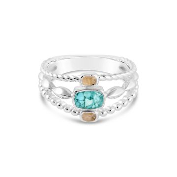 What is the best jewelry for a beach wedding? Handcrafted and personalized sterling silver boho ring featuring three bezels filled with sand and earth elements. Beach jewelry. Custom stone, sand, and shell ring.