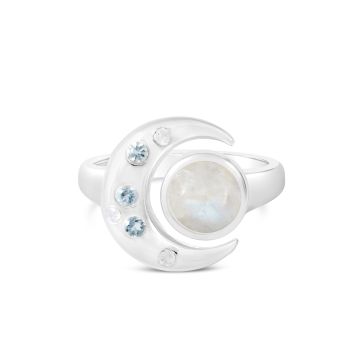 Sterling silver celestial crescent moon ring with aquamarine and moonstone. Gorgeous moon jewelry.