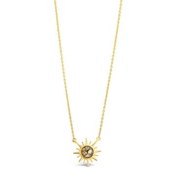 Gold sun necklace with delicate sunburst pendant and customizable sand
