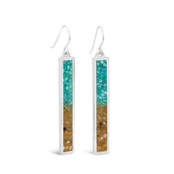 Turquoise blue statement earrings, custom jewelry with beach sand, shells, and gemstones.