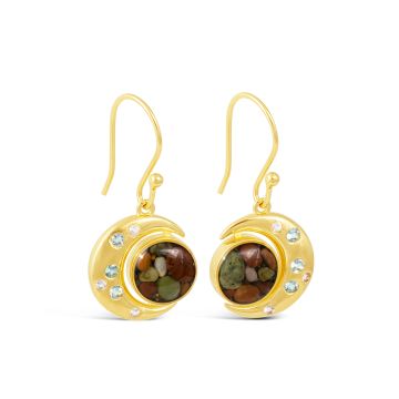 Sterling silver and 14k gold crescent moon earrings with aquamarine and personalized with sand or earth elements. Gorgeous moon jewelry.