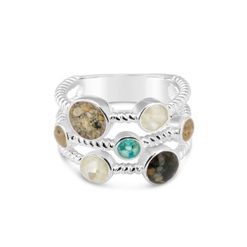 Personalized sterling silver seven element ring personalized with sand and earth elements from your favorite memories.