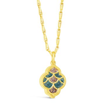 Shimmering teal cascade and 14k gold vermeil necklace personalized with your favorite sand or earth element. Symbolic jewelry.