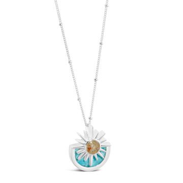 Sun necklace in sterling silver with Larimar and meaningful sand. Blue healing crystals beach necklace.