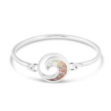 Nautical bracelet handcrafted with sterling silver featuring an ocean wave, mother of pearl, and your choice of sand or element. Great simple yet elegant jewelry design for ocean aficionados and beach lovers.
