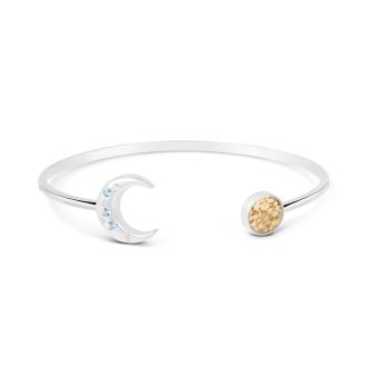 Sterling silver crescent moon cuff bracelet with aquamarine gemstones, your own sand or elements.