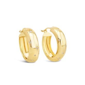 Large size gold vermeil and cultured diamond hoop earrings inspired by the stars and the galaxy. Designed with Camille Kostek. 