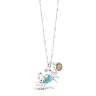 Crab Larimar necklace, ocean blue stone necklace womens and custom jewelry gifts made with beach sand, gemstones, or elements. Beach jewelry larimar pendant custom crafted with real blue larimar stone. Luxury personalized housewarming gifts. What is the b