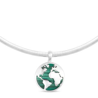 Front of genuine Malachite gemstone Globe Necklace on an Omega Chain for disaster relief, Hurricane Helene & Hurricane Milton relief support.