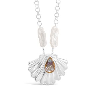 Aphrodite-inspired coastal shell necklace in sterling silver with pearls, gemstones, shells & gold, luxury jewelry from the Female Icon Collection.