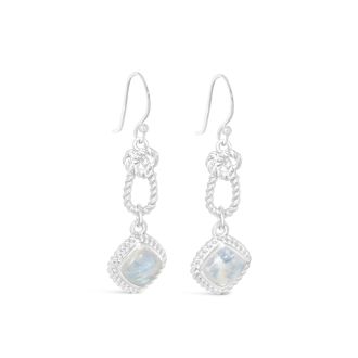 Sterling silver Mariner’s Moonstone design featuring a radiant rainbow moonstone earrings in a nautical knot design, the perfect nautical jewelry for her, for ocean-inspired elegance.