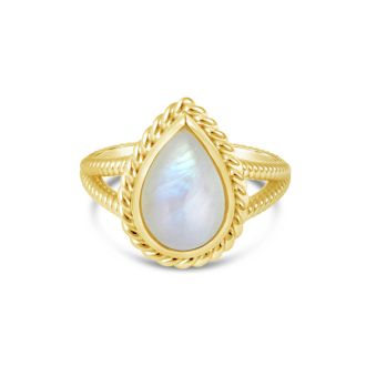 Nautical gold mermaid ring with rope detailing and a teardrop motif carrying genuine moonstone, best jewelry for ocean lovers.