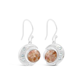 Sterling silver elegant crescent moon earrings with aquamarine and personalized with sand or earth elements. Gorgeous moon jewelry.