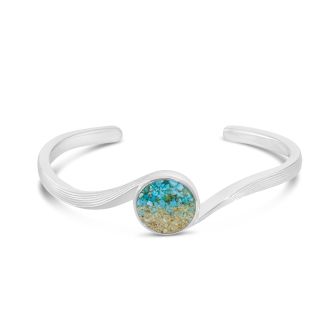 Cuff bracelet handcrafted with sterling silver featuring an ocean wave design, turquoise gradient and your choice of sand or element. Great jewelry design for ocean aficionados and beach lovers. Shop Wave Jewelry and Ocean Jewelry, 