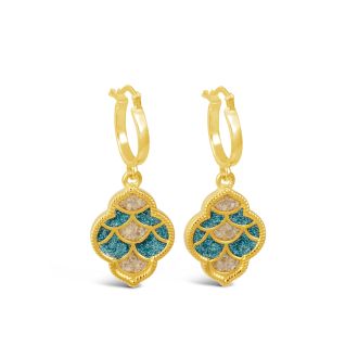 Shimmering teal cascade and 14k gold vermeil earrings personalized with your favorite sand or earth element. Symbolic jewelry.
