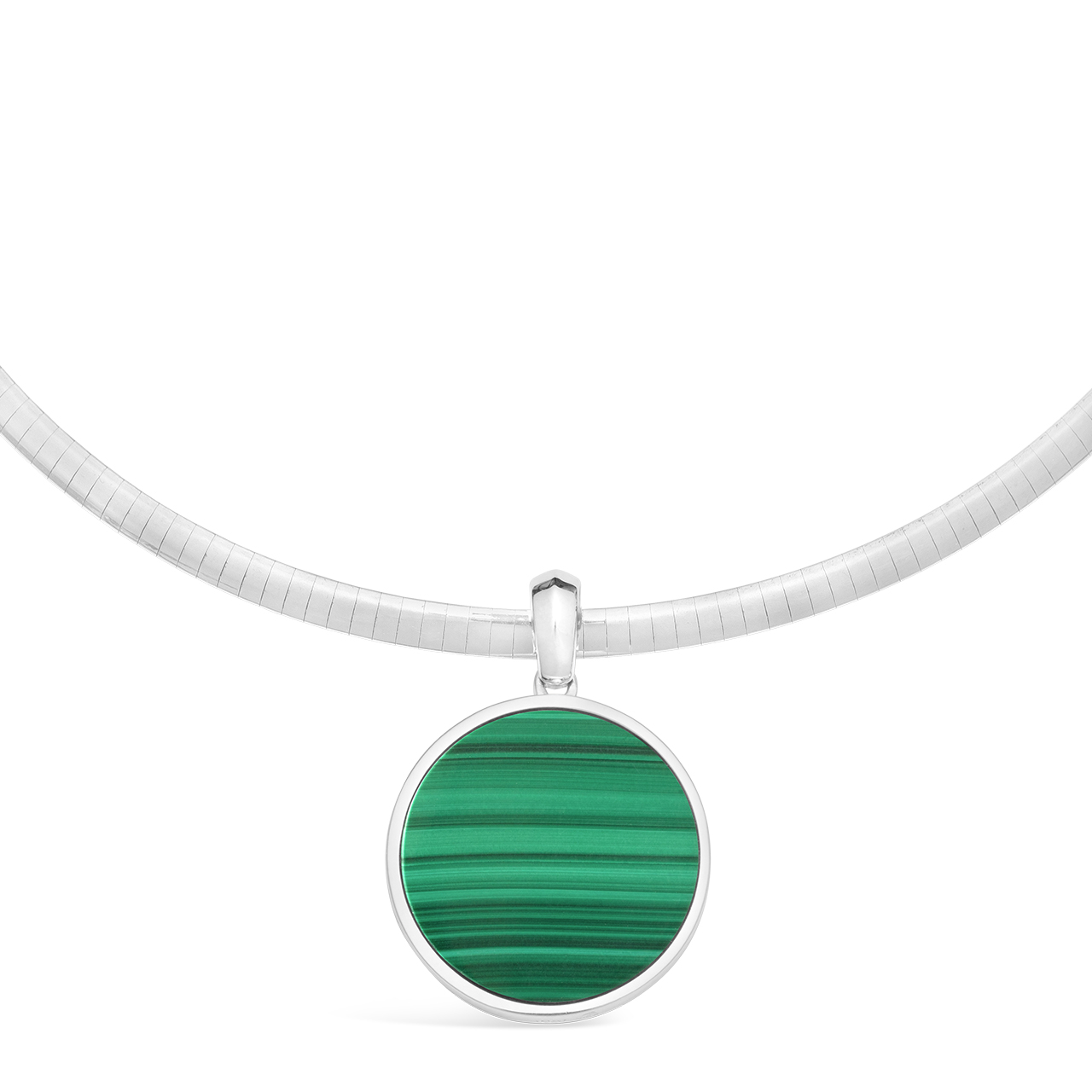 Front of genuine Malachite gemstone Globe Necklace on an Omega Chain for disaster relief, Hurricane Helene & Hurricane Milton relief support.