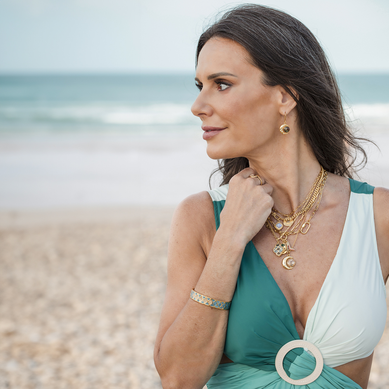 Sterling silver and 14k gold crescent moon earrings with aquamarine and personalized with sand or earth elements. Gorgeous moon jewelry.