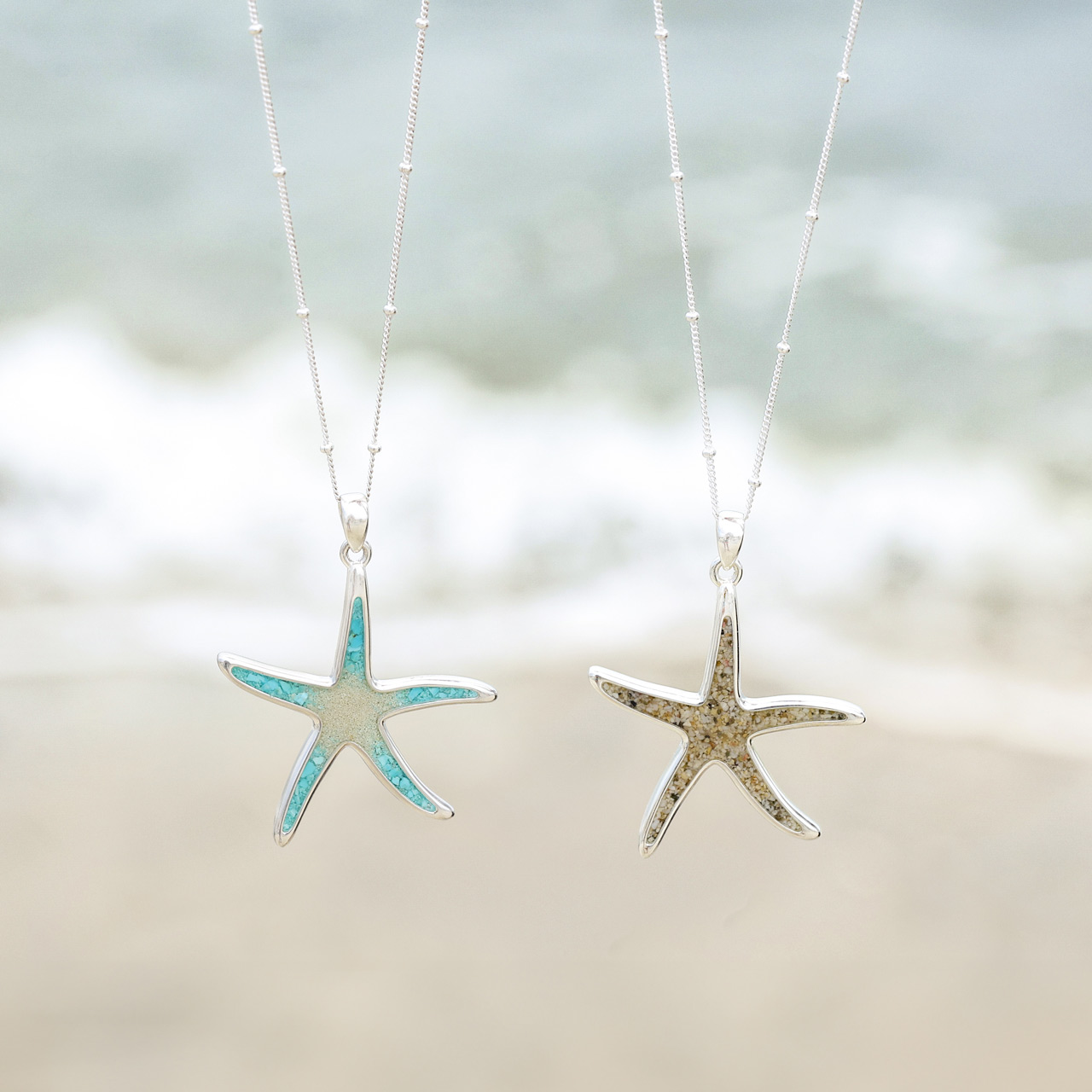 Sea-inspired jewelry design featuring a sterling silver starfish sea star, turquoise gradient, and your choice of sand or earth element on your desired chain.