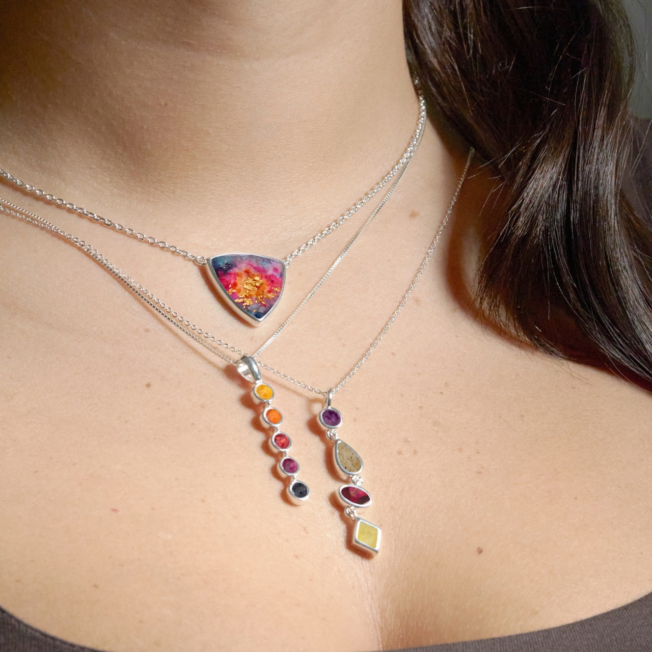 Endless Summer Sunsets Sun Necklace with warm-tone flowers, stones, and your custom element.