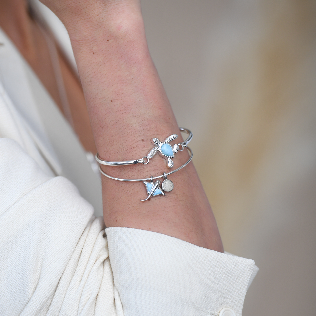 Stringray manta ray bangles with Larimar and Beach Sand, custom bangle bracelets